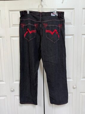 Y2K Evolution in Design Jeans Mens 42x34 Relaxed Black with Red Stitch Pockets